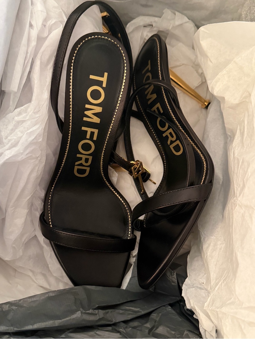 Tom Ford Black Leather Slingback Sandals with Gold Stiletto Heel